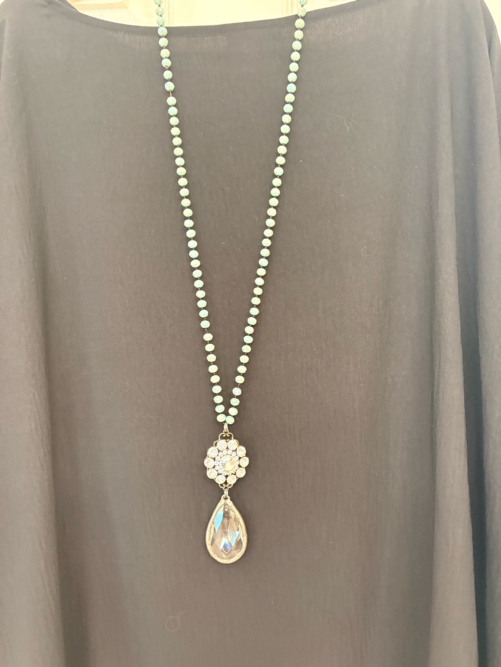 Teal Beaded Pendant Necklace with Crystal Drop